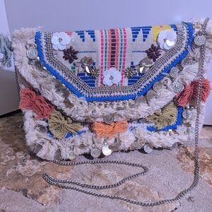 Bohemian Embroidered Clutch with Chain Strap